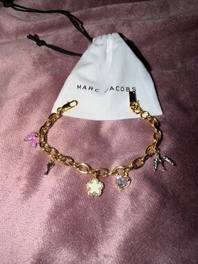 Marc Jacobs Gold Charm Bracelet with Pink Flower & Clear Crystal Charm